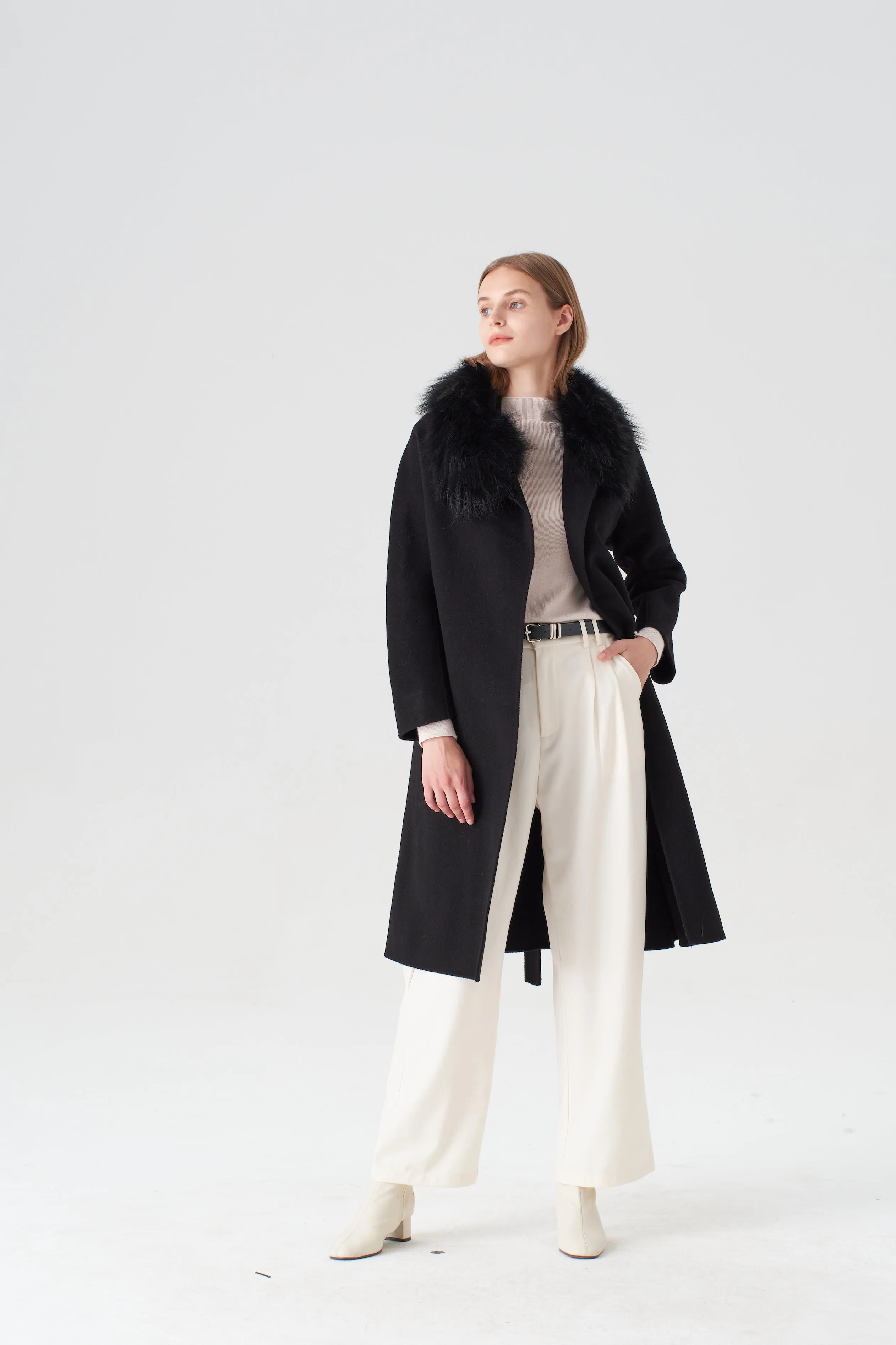 Cashmere Coat with Detachable Fur Collar